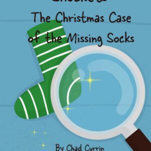 Christmas mystery book cover with magnifying glass and sock.