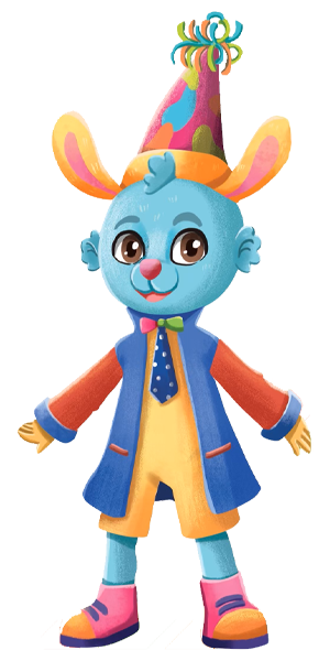 Colorful animated character in festive attire.