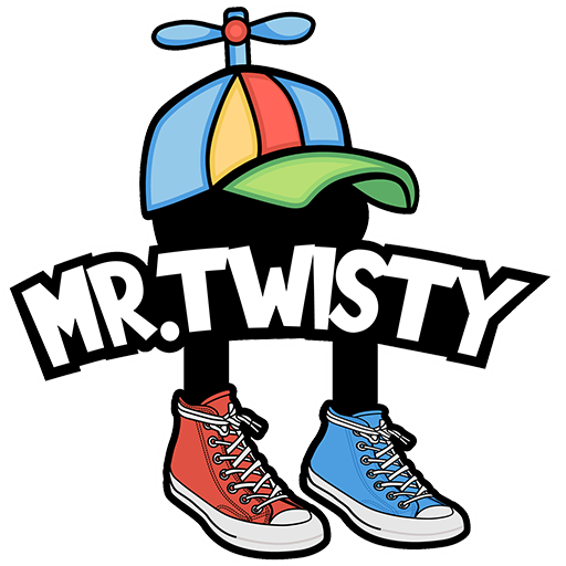 Cartoon character "Mr. Twisty" with colorful hat and sneakers.
