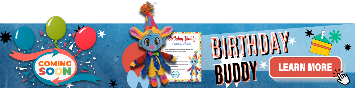 Colorful birthday promotional banner with mascot and balloons.