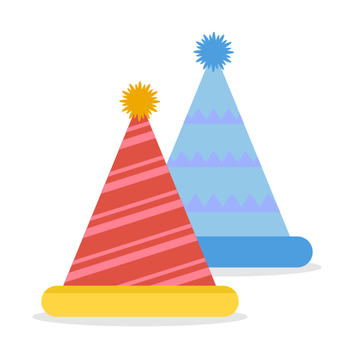 Two colorful party hats with pompoms.