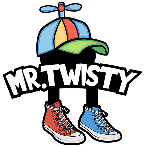 Colorful mascot logo "Mr. Twisty" with sneakers and cap.